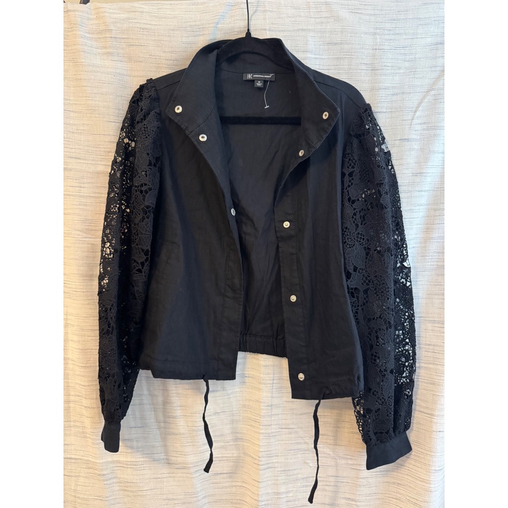 INC International Concepts Black Crochet Lace Sleeve Snap Front Jacket Medium